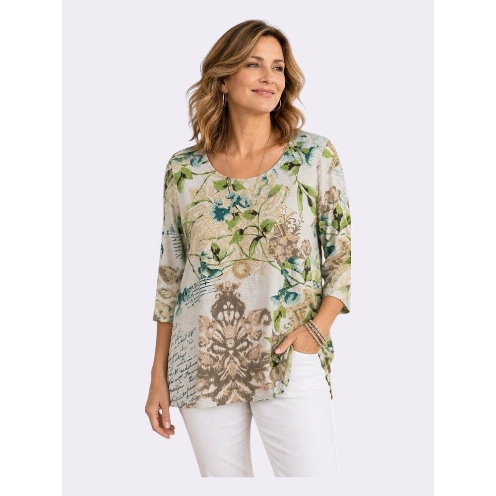 Chico's Size 2 L/XL Tunic Top Floral Paisley Cotton 3/4 Sleeve Cottagecore
